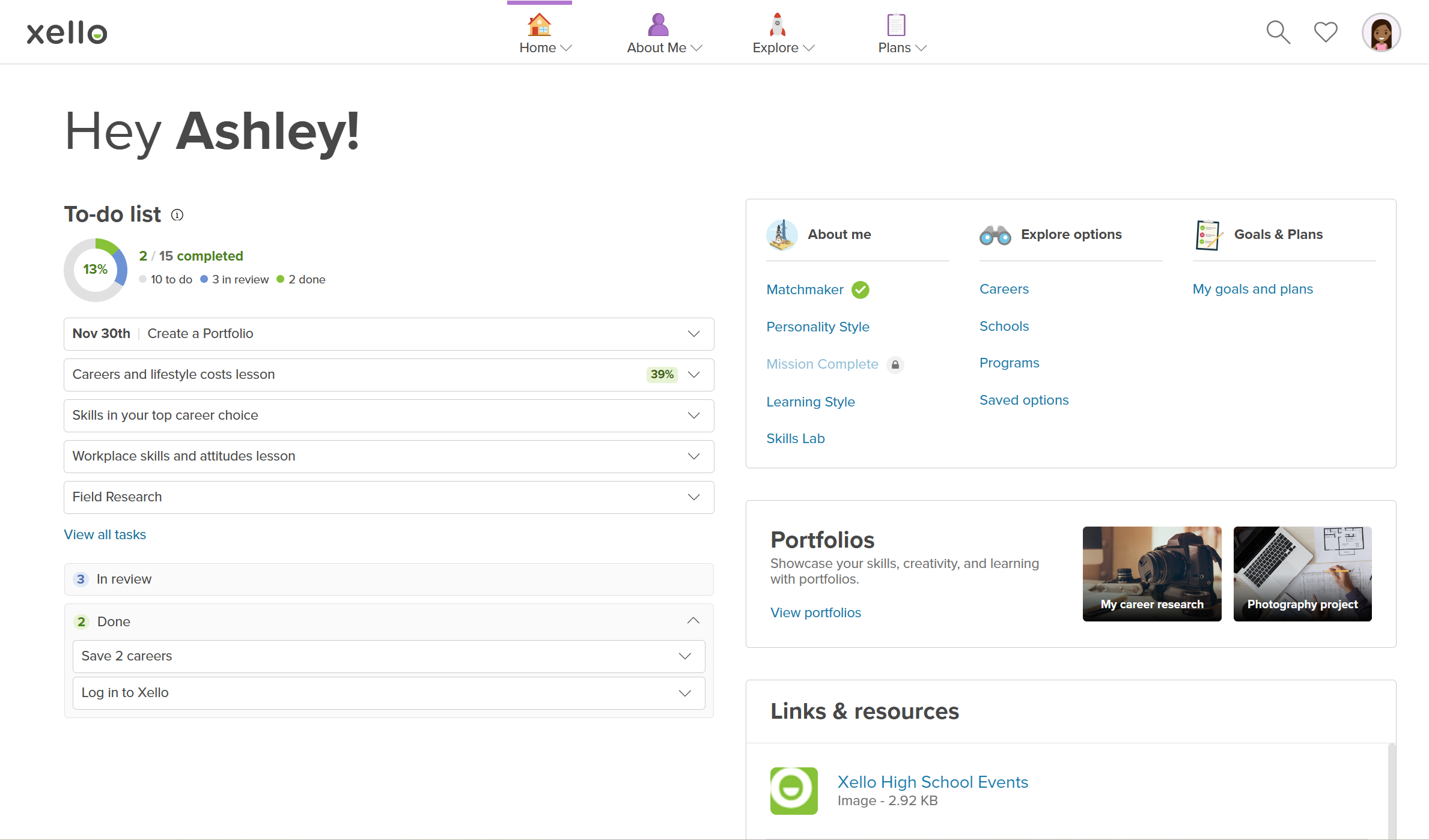 Student dashboard in Xello. The To-Do list is open. The student has completed several tasks and has a couple in review